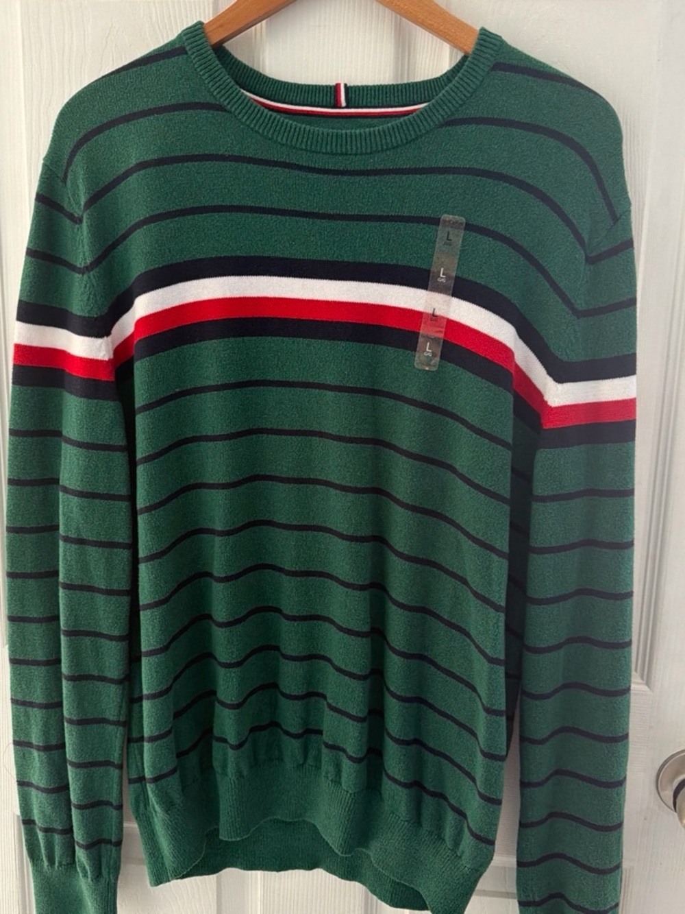 Tommy Hilfiger Green Crewneck Sweater with Red, White & Black Stripe